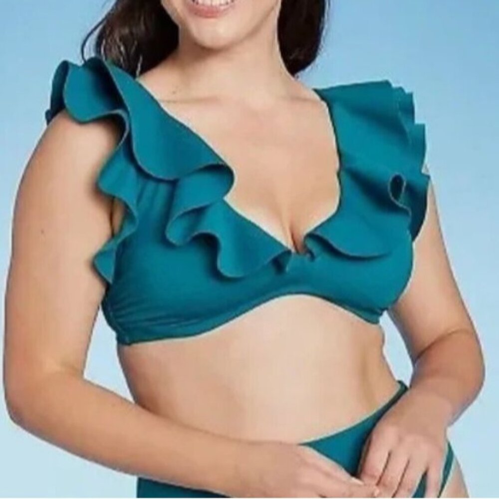 Shade & Shore Ruffle Bikini Top 34C Blue Adjustable Straps Swimwear